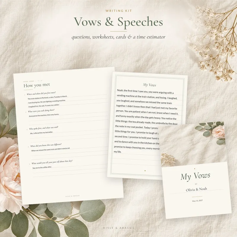 Vow writing worksheets and a My Vows card on linen with peonies