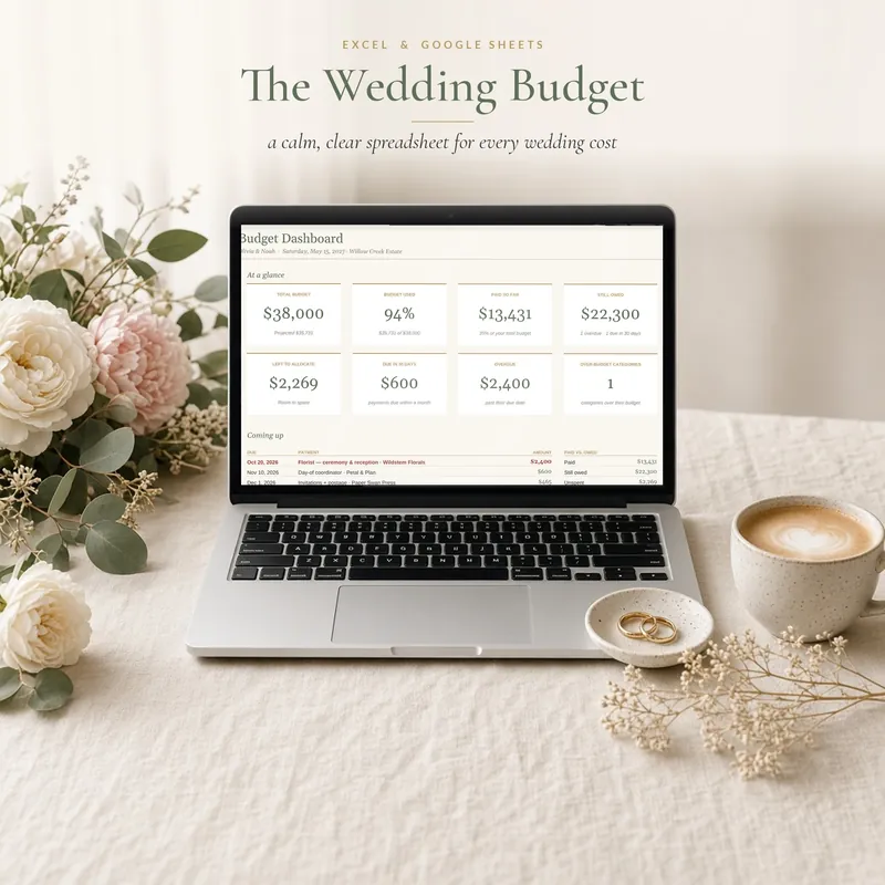 Wedding Budget Spreadsheet dashboard on a laptop